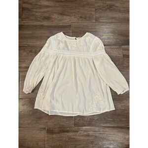 Prairiecore Boho Ivory Girls Size L Top With Embroidery 3/4 Sleeves Flowy EUC